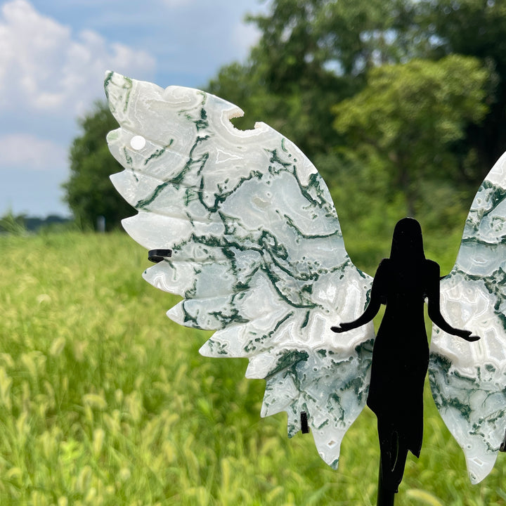 Unique,A Slightly Imperfect Natural Crystal Moss Agate Angel Wings With Stand