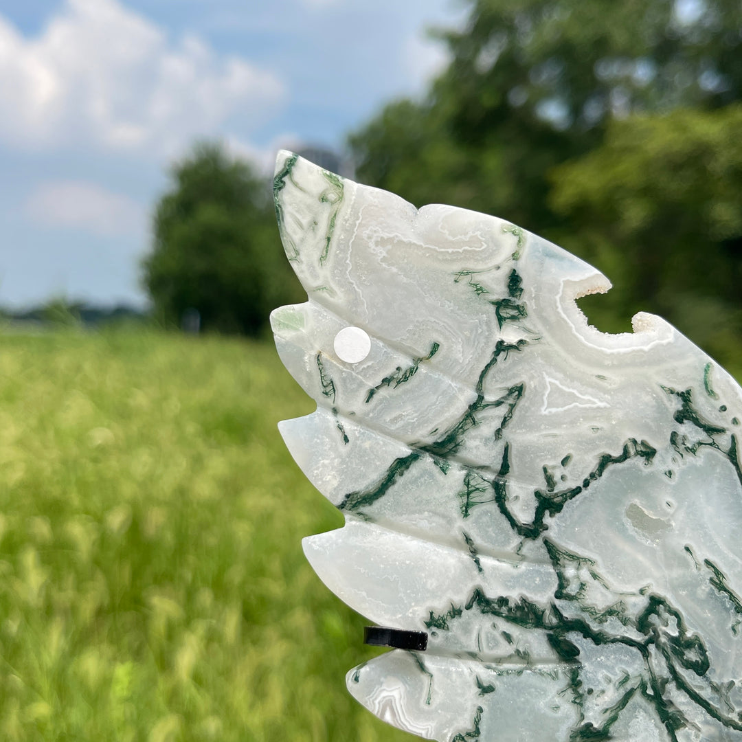 Unique,A Slightly Imperfect Natural Crystal Moss Agate Angel Wings With Stand