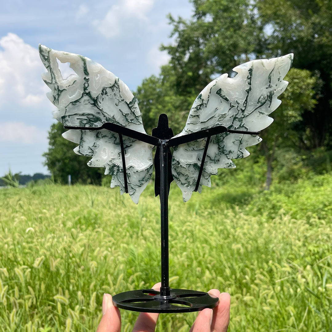 Unique,A Slightly Imperfect Natural Crystal Moss Agate Angel Wings With Stand