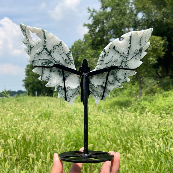 Unique,A Slightly Imperfect Natural Crystal Moss Agate Angel Wings With Stand