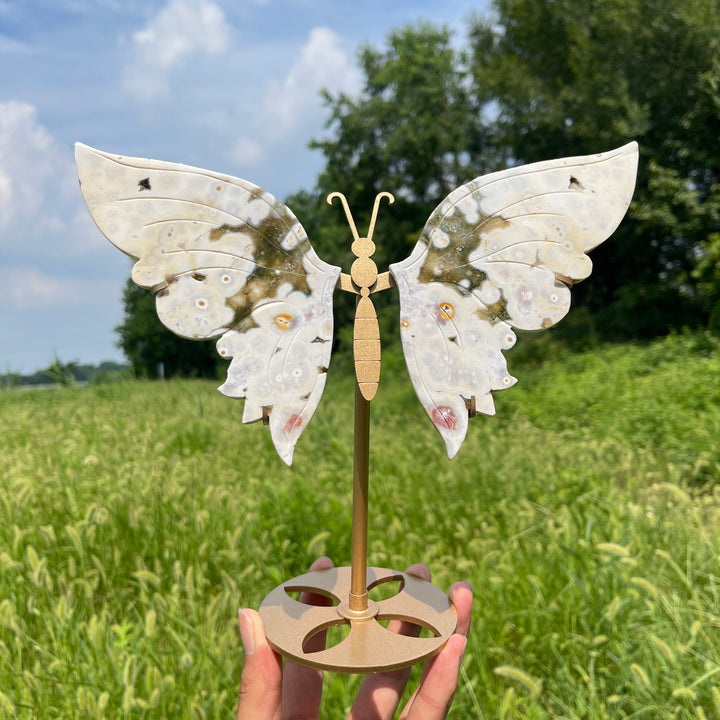 Unique,Natural Crystal Ocean Jasper Butterfly Wings With Stand