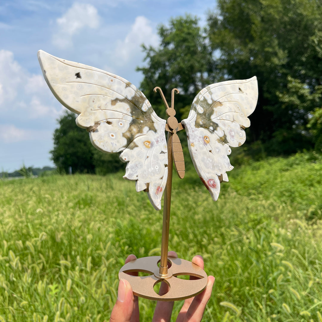 Unique,Natural Crystal Ocean Jasper Butterfly Wings With Stand