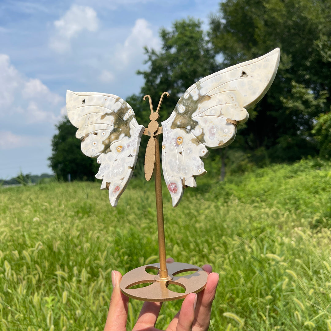 Unique,Natural Crystal Ocean Jasper Butterfly Wings With Stand