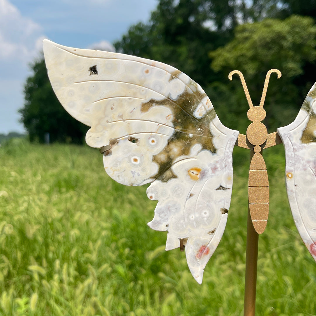 Unique,Natural Crystal Ocean Jasper Butterfly Wings With Stand