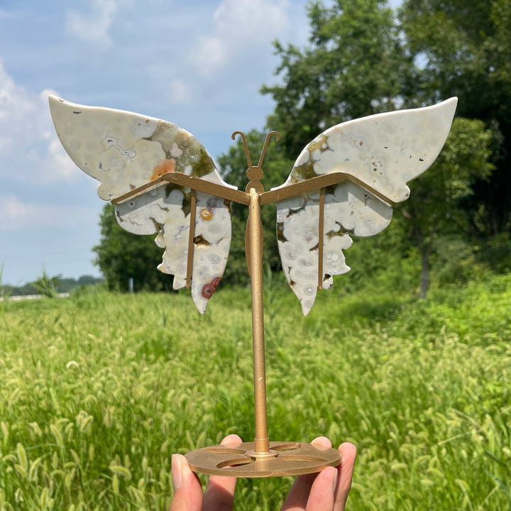 Unique,Natural Crystal Ocean Jasper Butterfly Wings With Stand