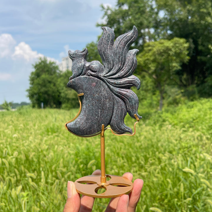 Unique,A Slightly Imperfect Nine‑Tailed Fox On Moon Carving