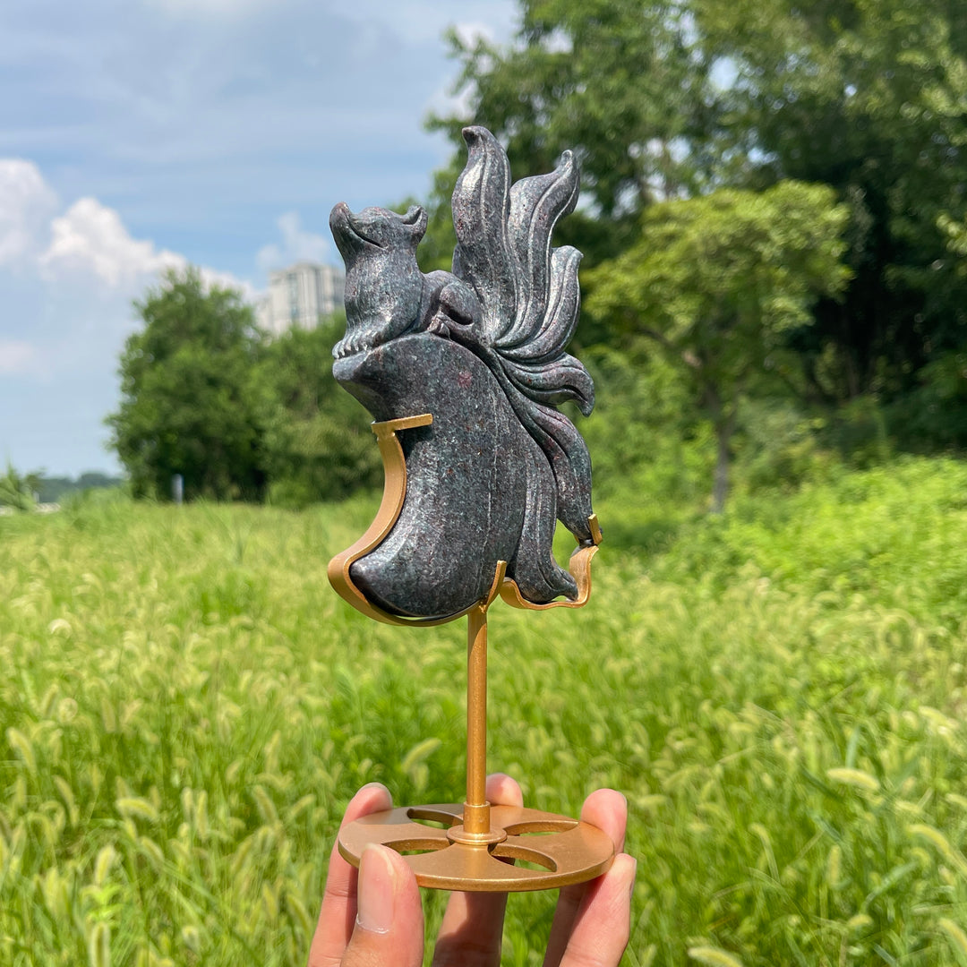 Unique,A Slightly Imperfect Nine‑Tailed Fox On Moon Carving