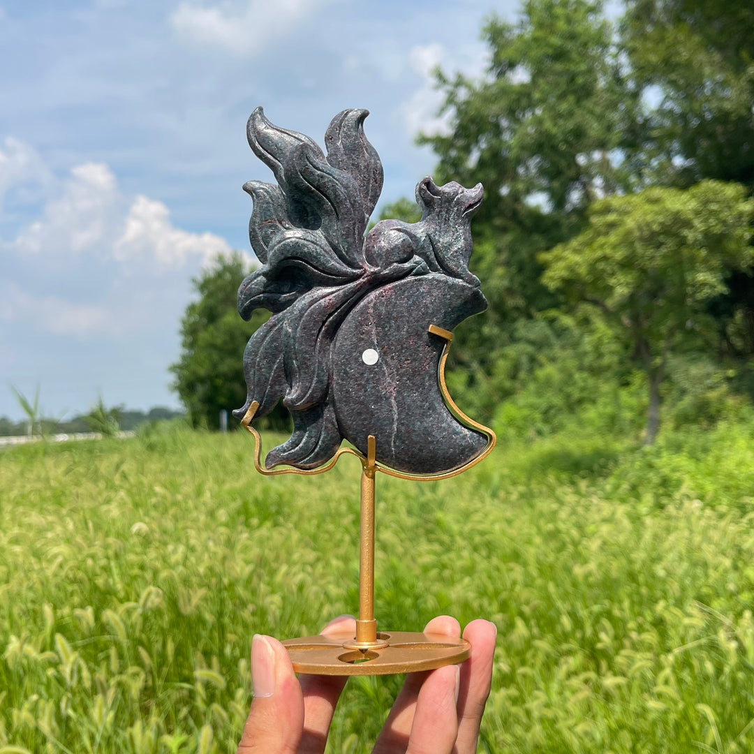 Unique,A Slightly Imperfect Nine‑Tailed Fox On Moon Carving