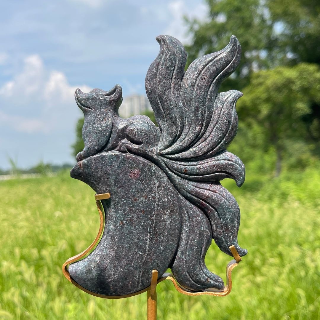 Unique,A Slightly Imperfect Nine‑Tailed Fox On Moon Carving