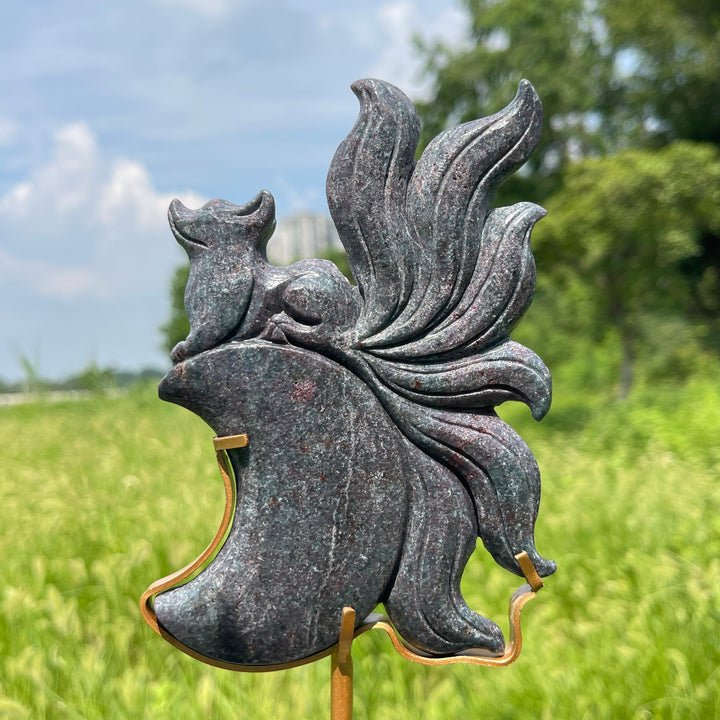 Unique,A Slightly Imperfect Nine‑Tailed Fox On Moon Carving
