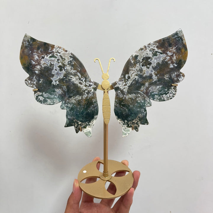 Unique,A Slightly Imperfect Natural Crystal Moss Agate Butterfly Wings With Stand
