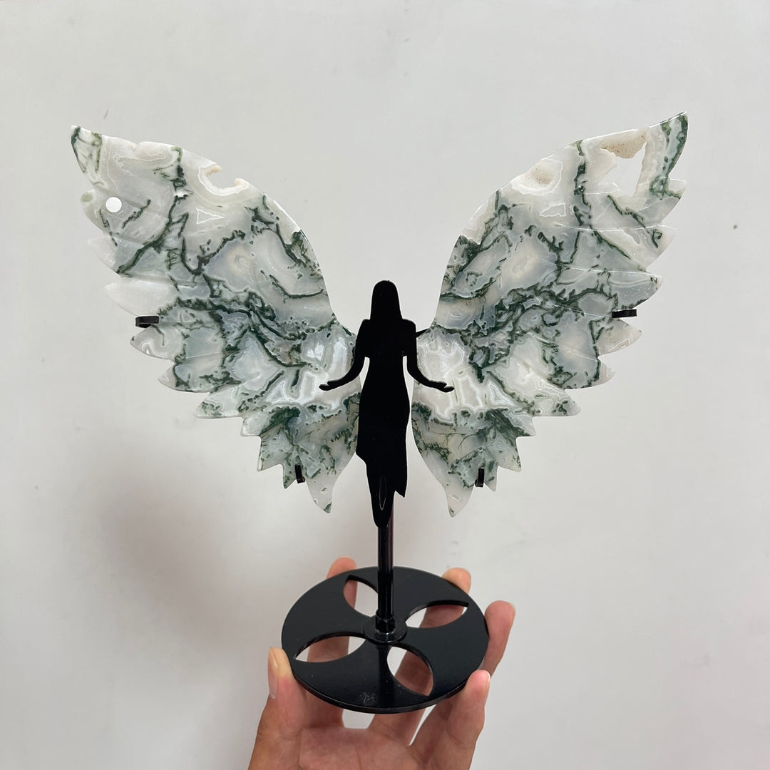 Unique,A Slightly Imperfect Natural Crystal Moss Agate Angel Wings With Stand