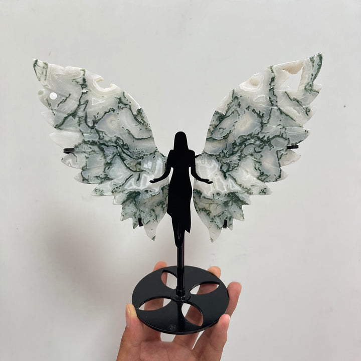 Unique,A Slightly Imperfect Natural Crystal Moss Agate Angel Wings With Stand