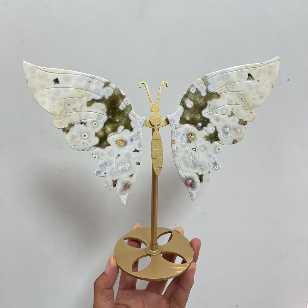 Unique,Natural Crystal Ocean Jasper Butterfly Wings With Stand