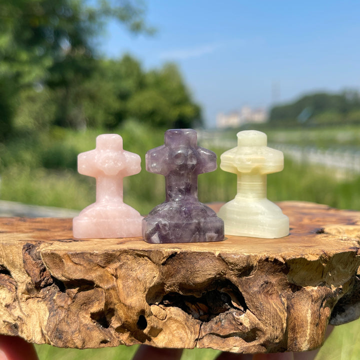 Natural Crystal Mini Skull Cross Carving
