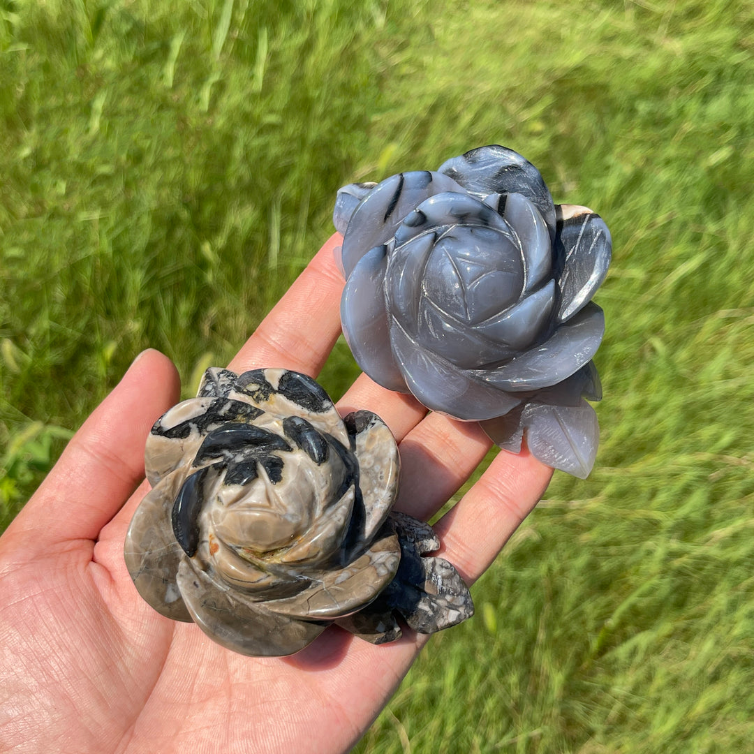 Unique,Natural Crystal Volcanic Agate Peony Flower Carving