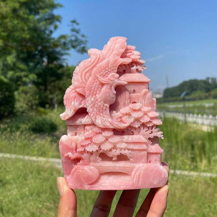 Unique,Natural Crystal Pink Opal Phoenix Mountain Scene Carving