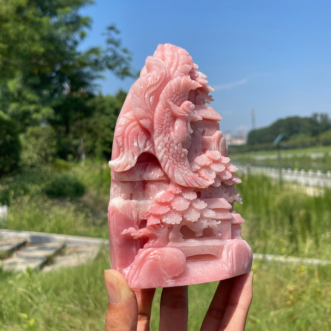 Unique,Natural Crystal Pink Opal Phoenix Mountain Scene Carving