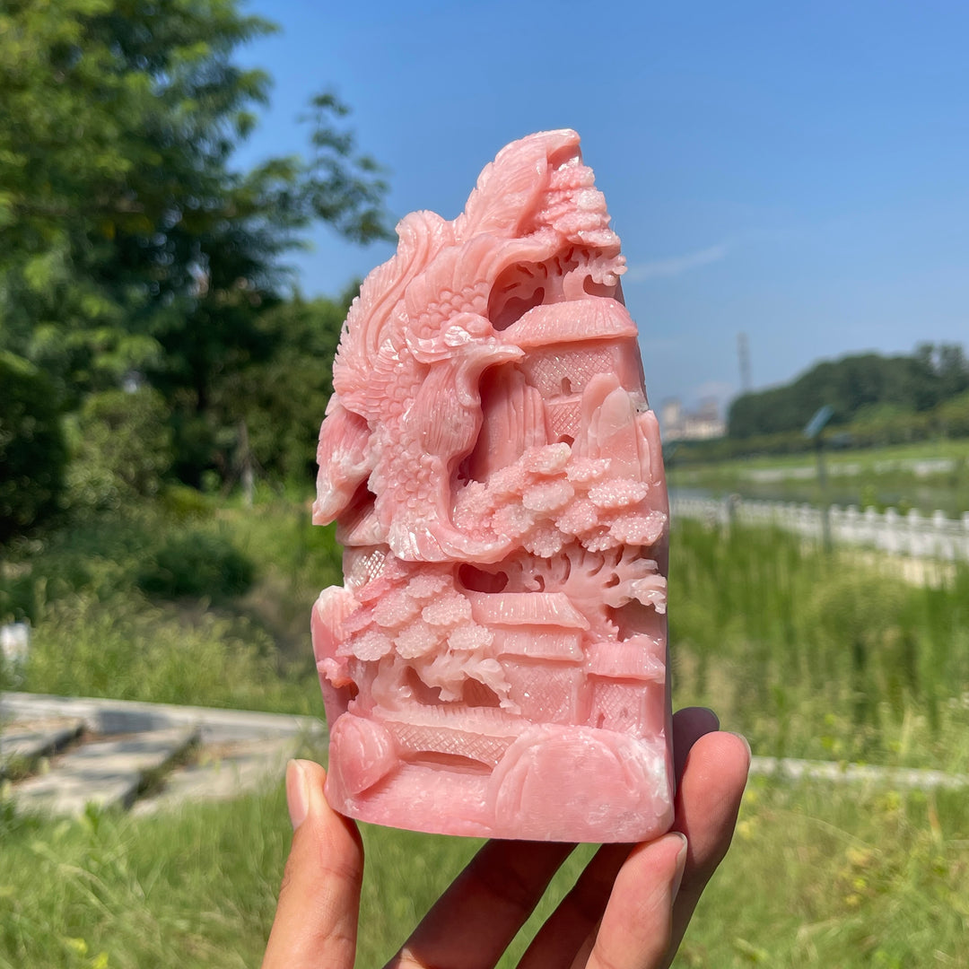 Unique,Natural Crystal Pink Opal Phoenix Mountain Scene Carving