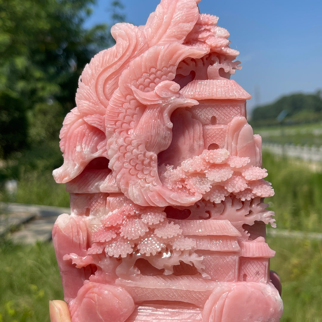 Unique,Natural Crystal Pink Opal Phoenix Mountain Scene Carving