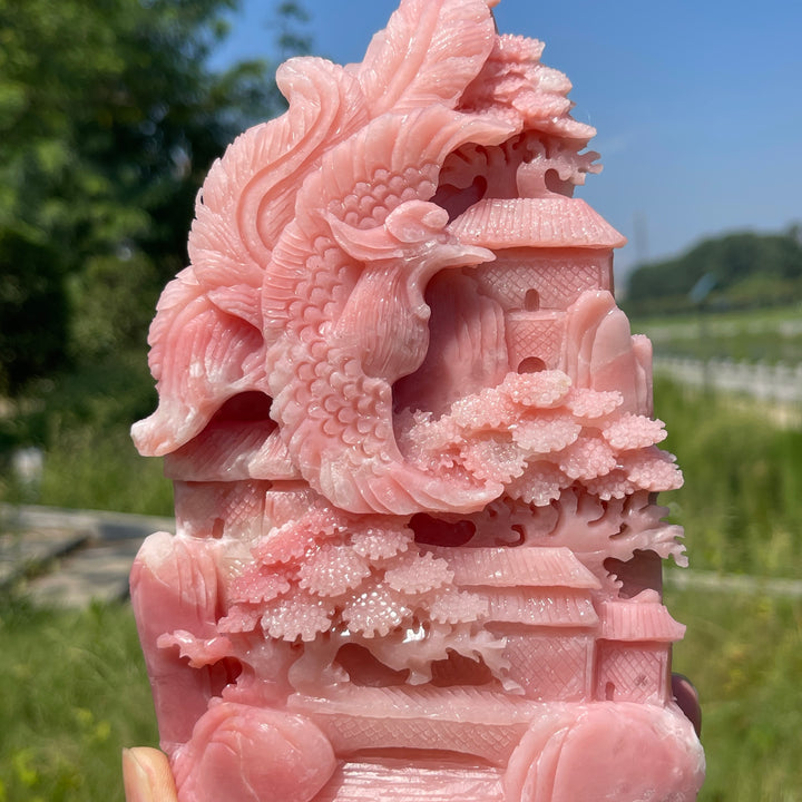 Unique,Natural Crystal Pink Opal Phoenix Mountain Scene Carving