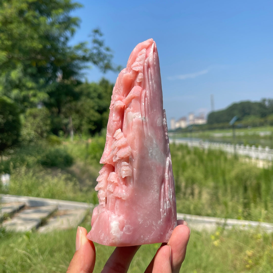 Unique,Natural Crystal Pink Opal Phoenix Mountain Scene Carving