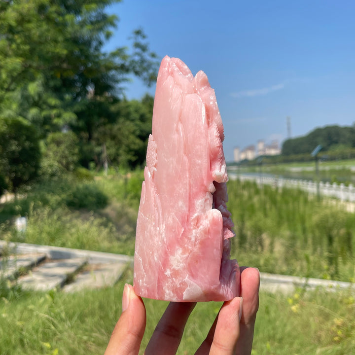 Unique,Natural Crystal Pink Opal Phoenix Mountain Scene Carving