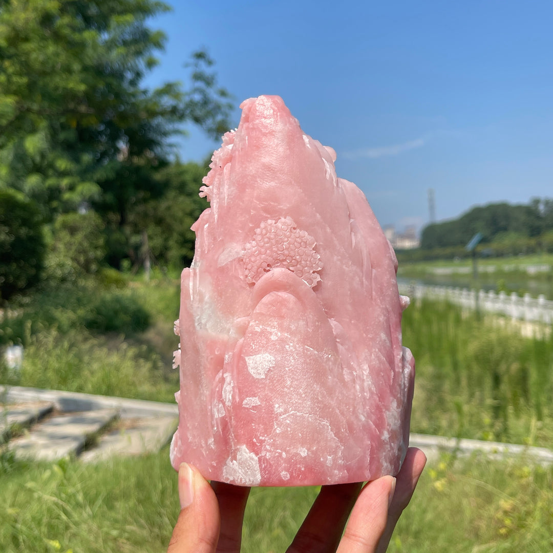 Unique,Natural Crystal Pink Opal Phoenix Mountain Scene Carving