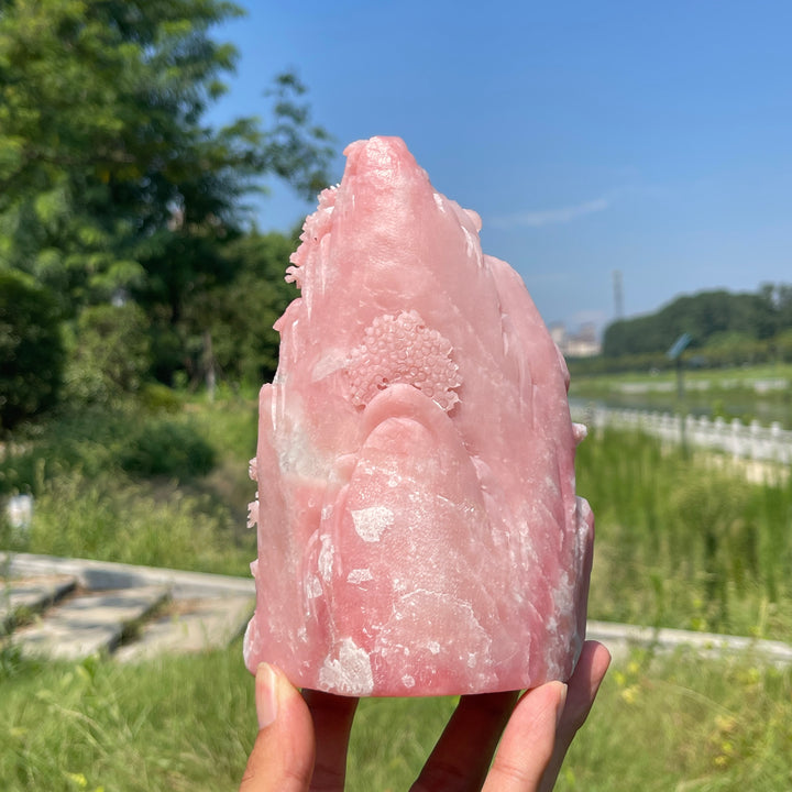 Unique,Natural Crystal Pink Opal Phoenix Mountain Scene Carving