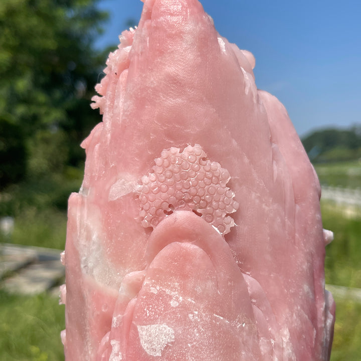 Unique,Natural Crystal Pink Opal Phoenix Mountain Scene Carving