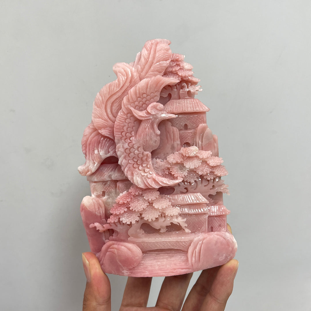 Unique,Natural Crystal Pink Opal Phoenix Mountain Scene Carving