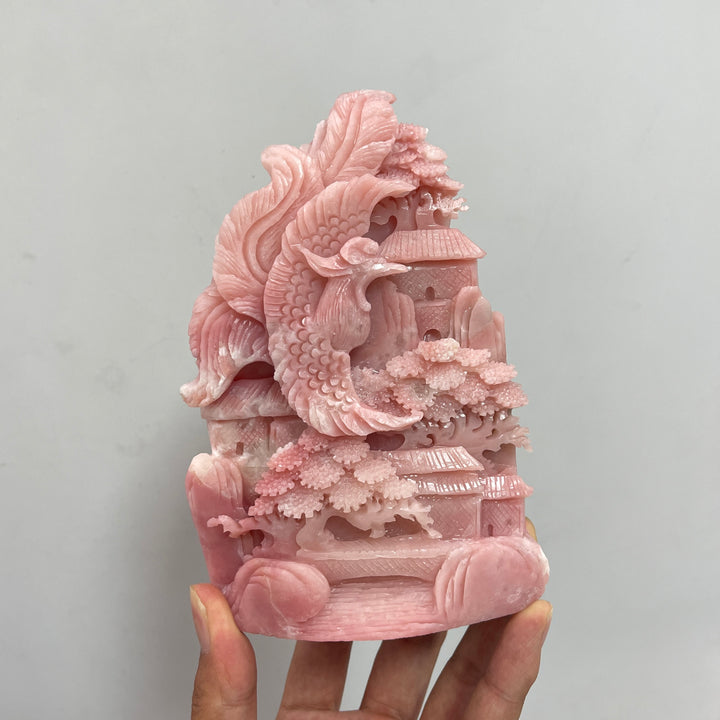 Unique,Natural Crystal Pink Opal Phoenix Mountain Scene Carving