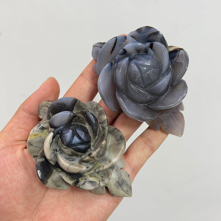 Unique,Natural Crystal Volcanic Agate Peony Flower Carving