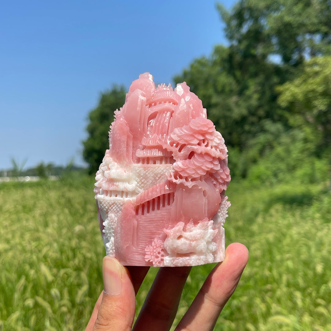 Unique,Natural Crystal Carving Pink Opal Landscape With Fox