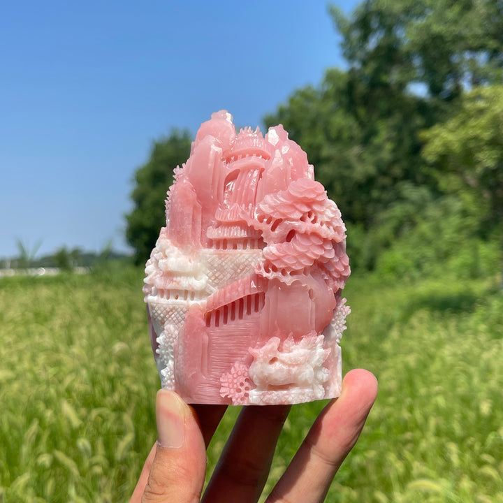 Unique,Natural Crystal Carving Pink Opal Landscape With Fox