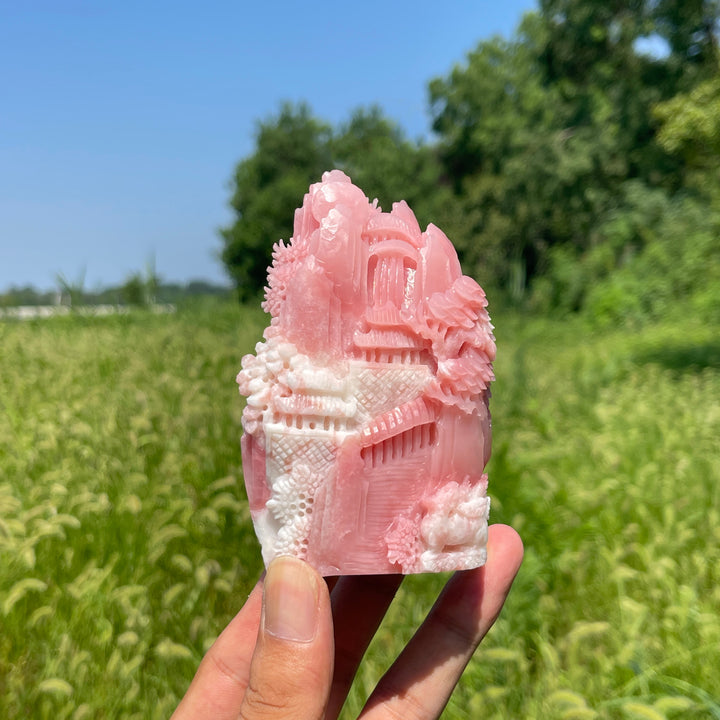 Unique,Natural Crystal Carving Pink Opal Landscape With Fox