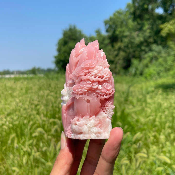 Unique,Natural Crystal Carving Pink Opal Landscape With Fox
