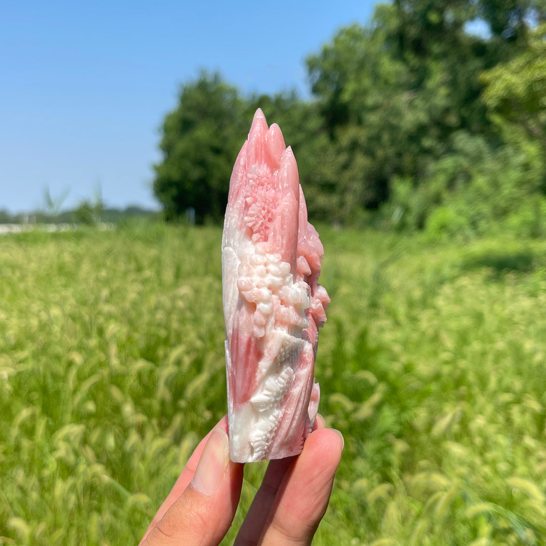 Unique,Natural Crystal Carving Pink Opal Landscape With Fox