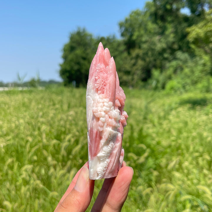 Unique,Natural Crystal Carving Pink Opal Landscape With Fox
