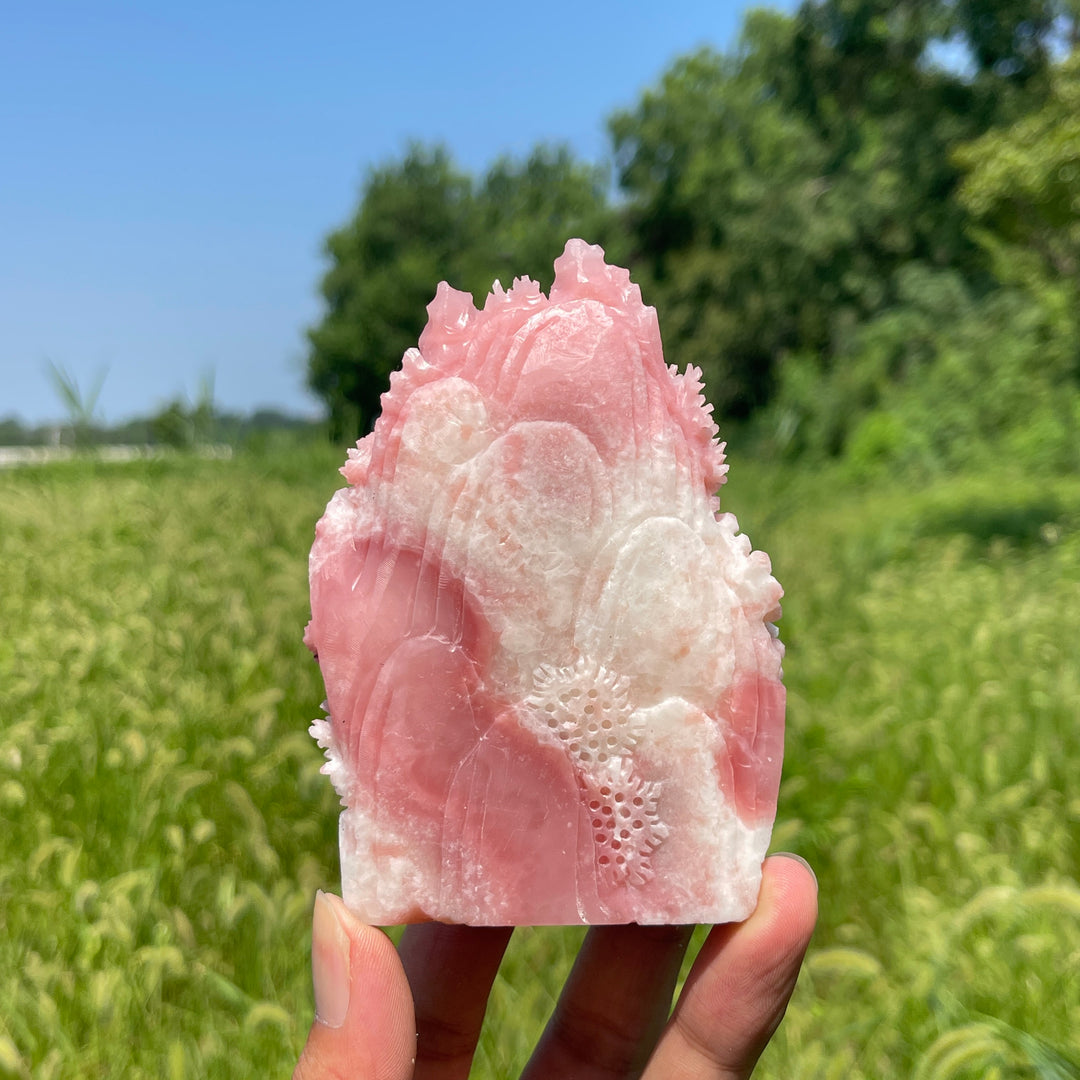 Unique,Natural Crystal Carving Pink Opal Landscape With Fox