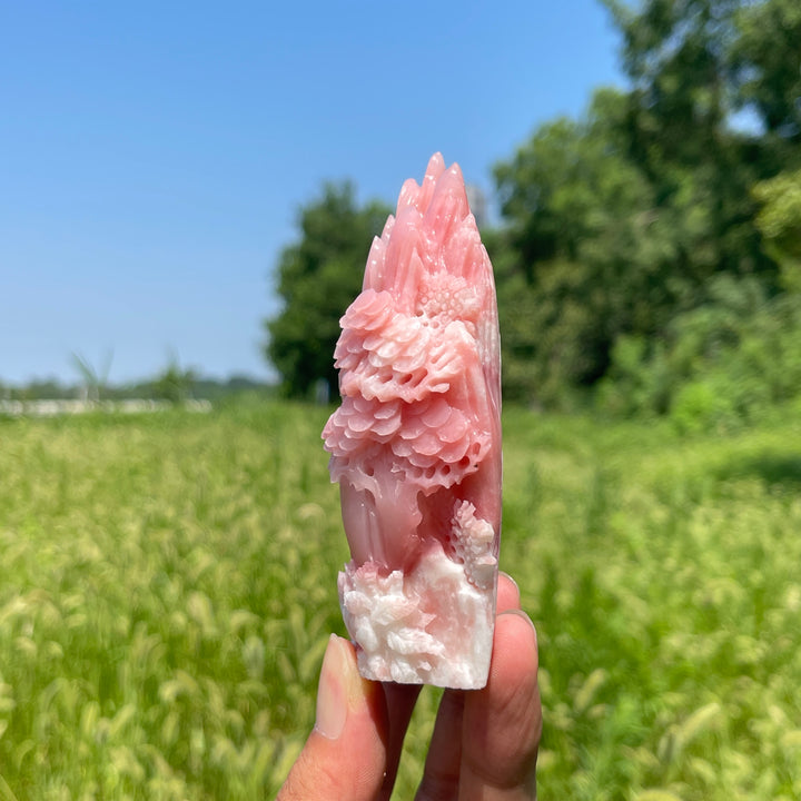 Unique,Natural Crystal Carving Pink Opal Landscape With Fox