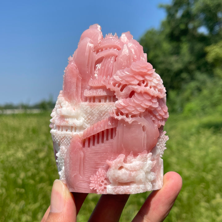 Unique,Natural Crystal Carving Pink Opal Landscape With Fox