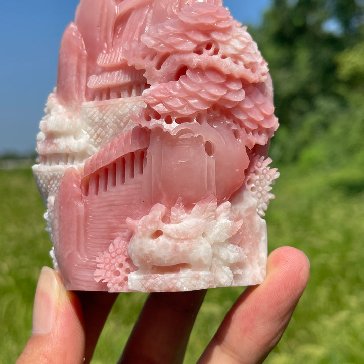 Unique,Natural Crystal Carving Pink Opal Landscape With Fox