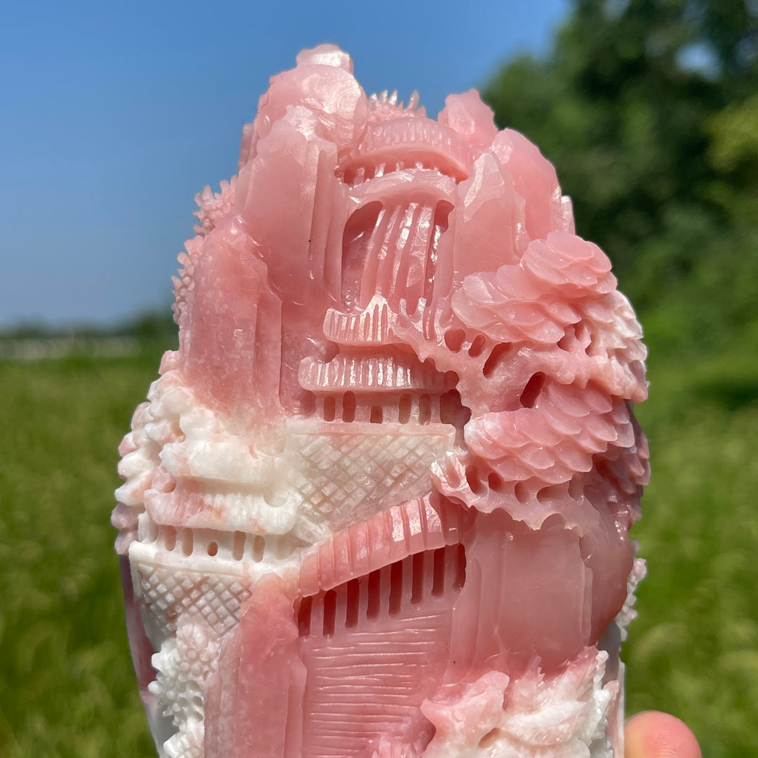 Unique,Natural Crystal Carving Pink Opal Landscape With Fox