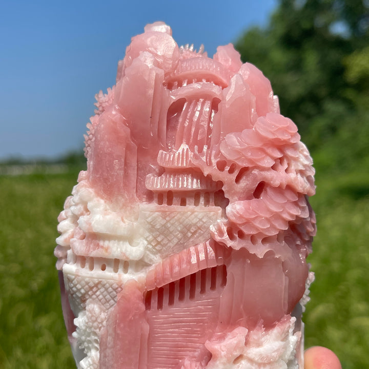 Unique,Natural Crystal Carving Pink Opal Landscape With Fox