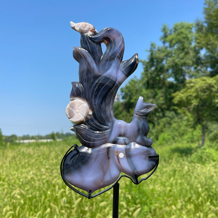 Unique,A Slightly Imperfect Natural Blue Flower Agate Nine‑Tailed Fox