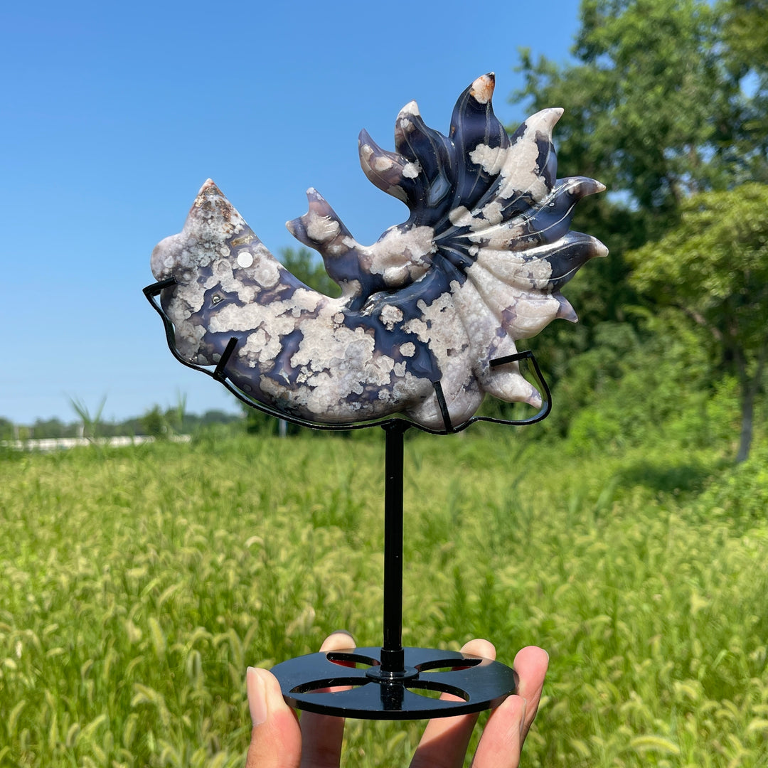 Unique,A Slightly Imperfect Blue Flower Agate Nine‑Tailed Fox With Stand
