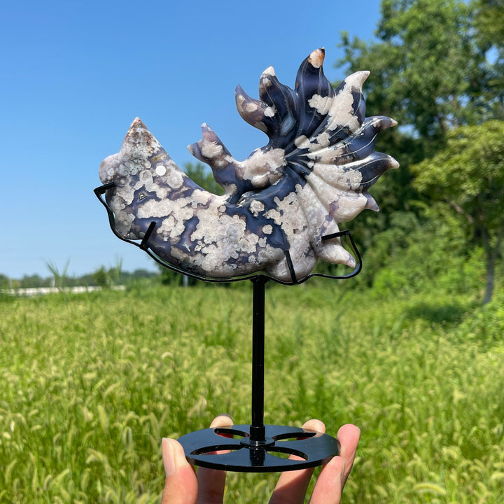 Unique,A Slightly Imperfect Blue Flower Agate Nine‑Tailed Fox With Stand