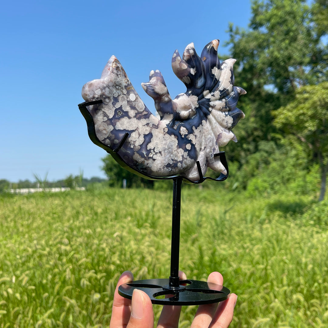 Unique,A Slightly Imperfect Blue Flower Agate Nine‑Tailed Fox With Stand
