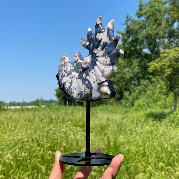 Unique,A Slightly Imperfect Blue Flower Agate Nine‑Tailed Fox With Stand